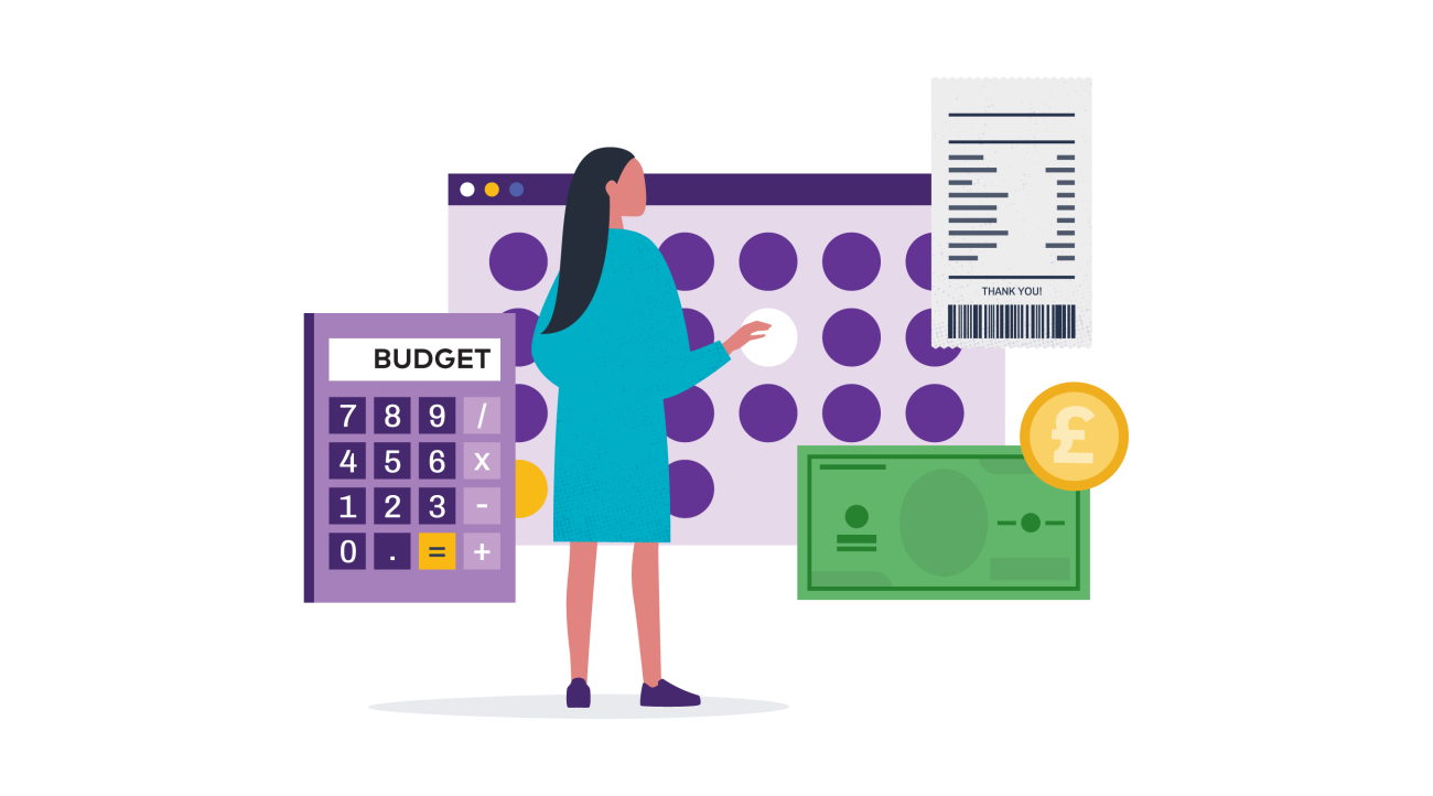 illustration of girl looking at budget calculator